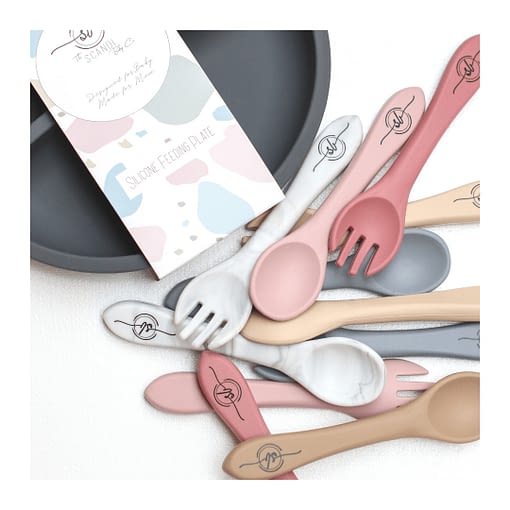 Silicone Baby Spoon and Silicone Baby Fork in various colours. Stamped with the Scandi Baby Co Logo. Silicone Baby Plate with Scandi Baby Co packaging.
